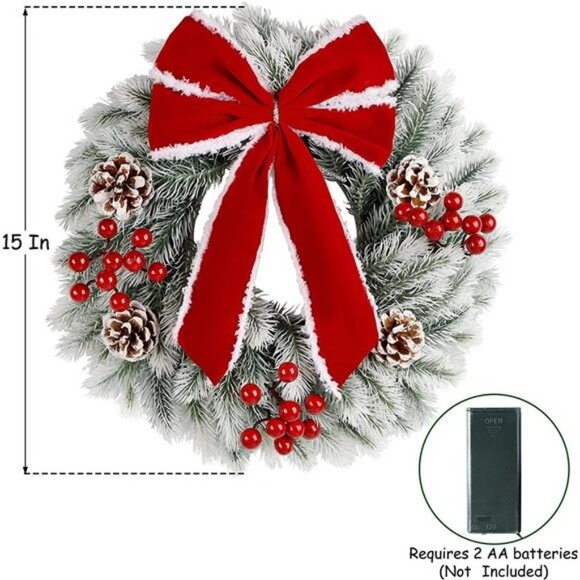 2 Pcs Mini Christmas Wreath, 15 inch Outdoor Lighted Christmas Wreath - Picture 2 of 7